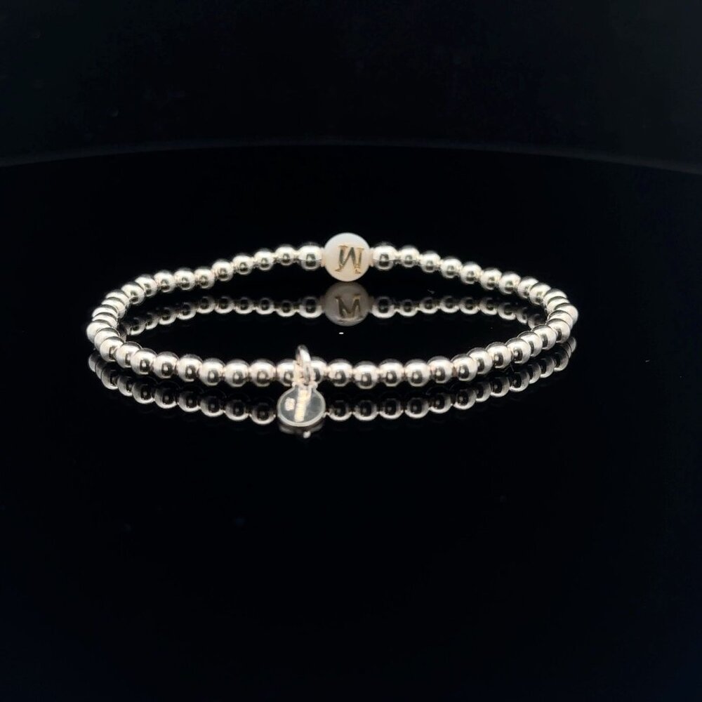 925 Sterling Silver Beaded Stretch Stacking Bracelet MOP Letter Initial M - Picture 4 of 6